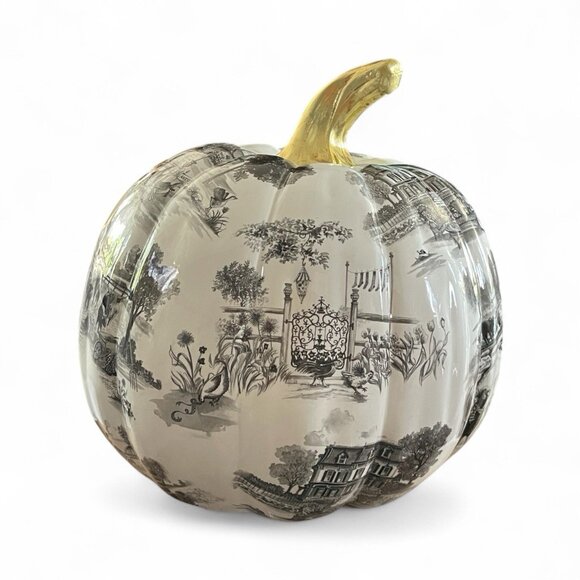 Mackenzie Childs NY Estate Black Toile Pumpkin Gold Stem 11" Rare Autumn Decor - Picture 3 of 11